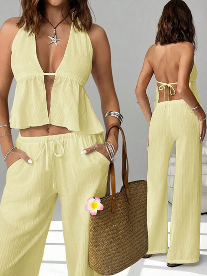 Ensemble Femme – Crop Top Dos Nu à Lacets et Pantalon Long