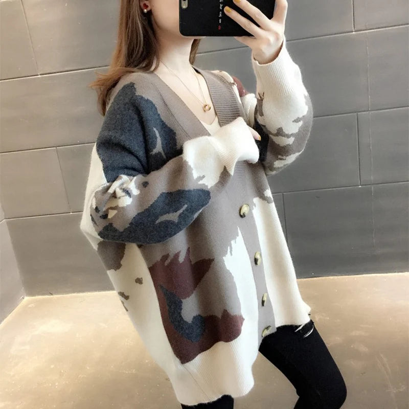 Cardigan tricoté imprimé couleur bloquée pour femmes