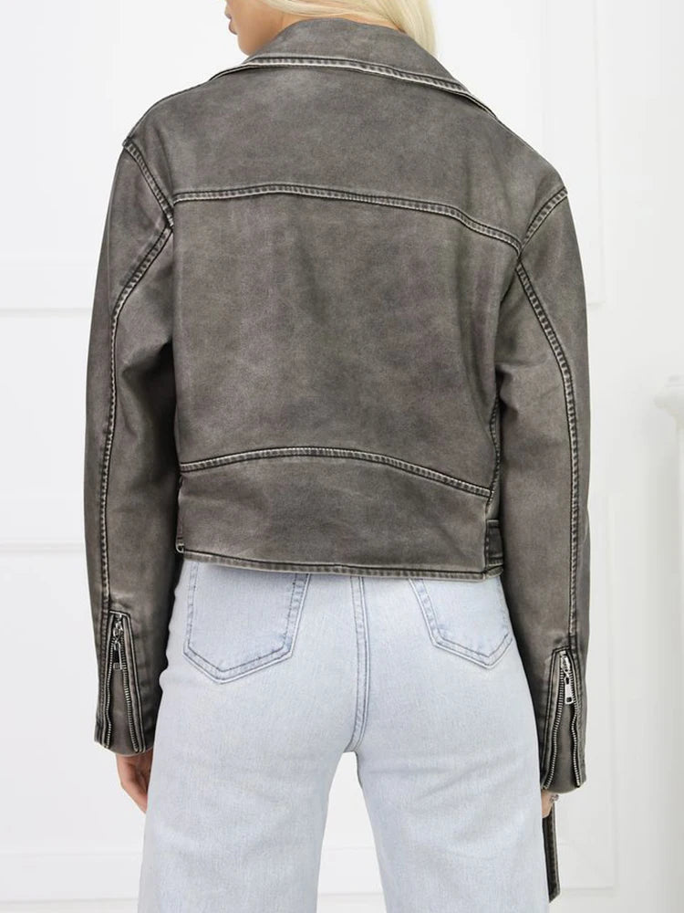 Veste vintage courte en pu faux cuir pour femmes
