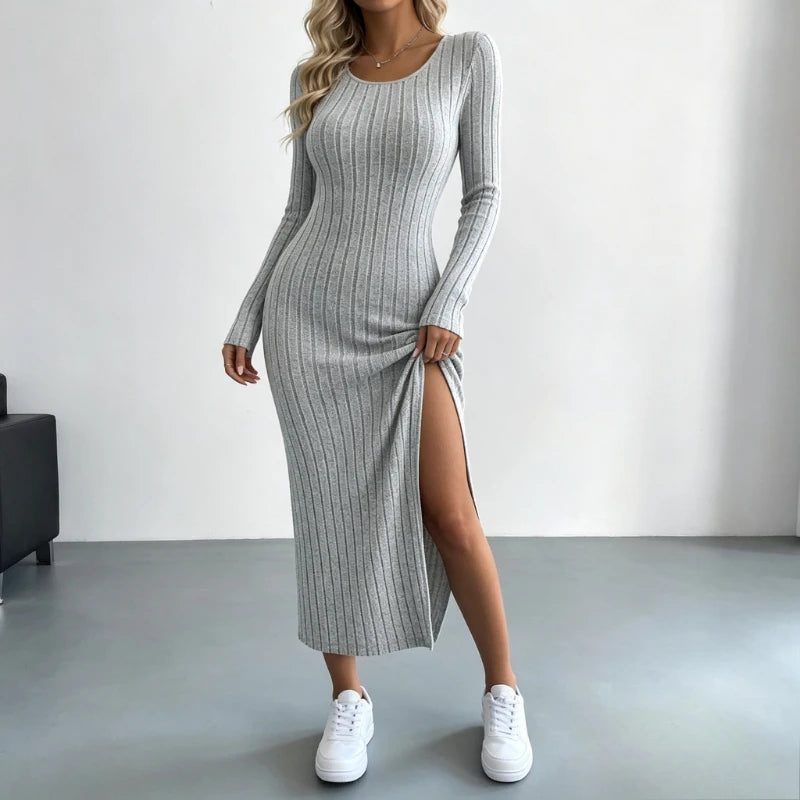 Robe en Maille Côtelée Femme – Col Rond et Fente Latérale