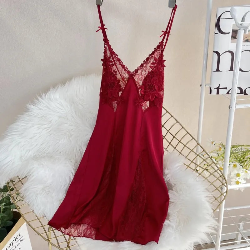 Robe de nuit Sexy en Satin ajouré et bretelles en dentelle pour femmes