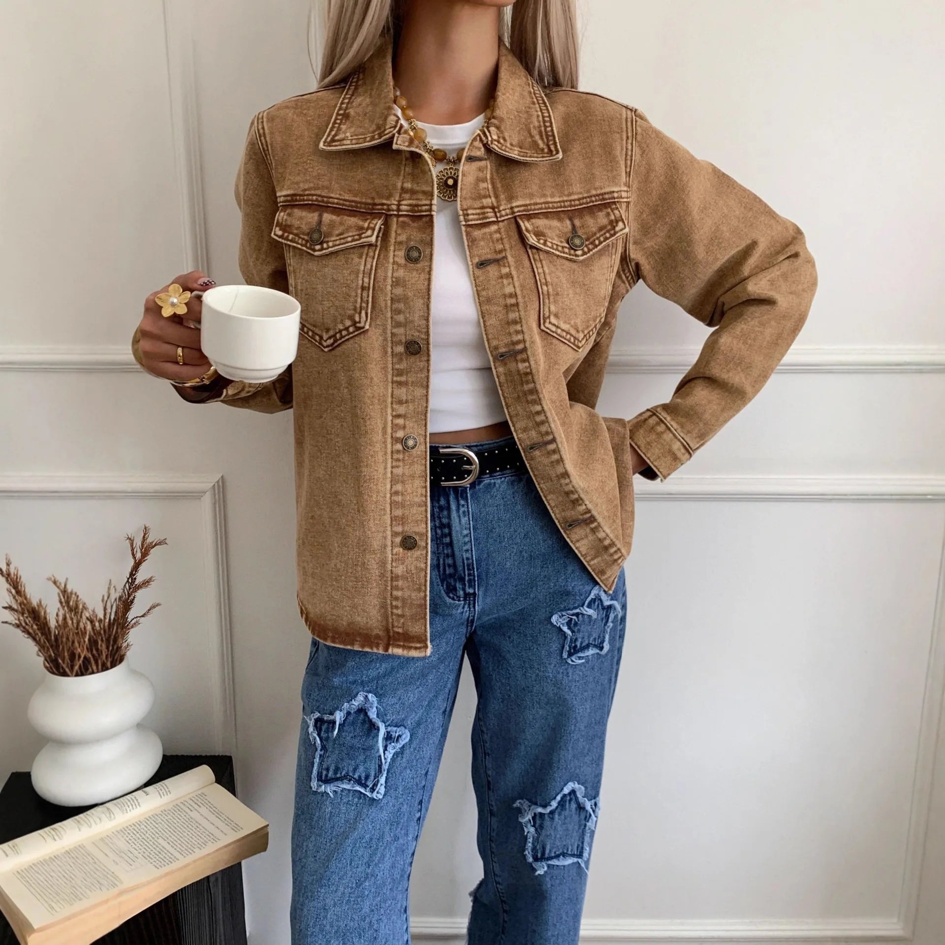 Veste en jean décontractée à manches longues pour femmes