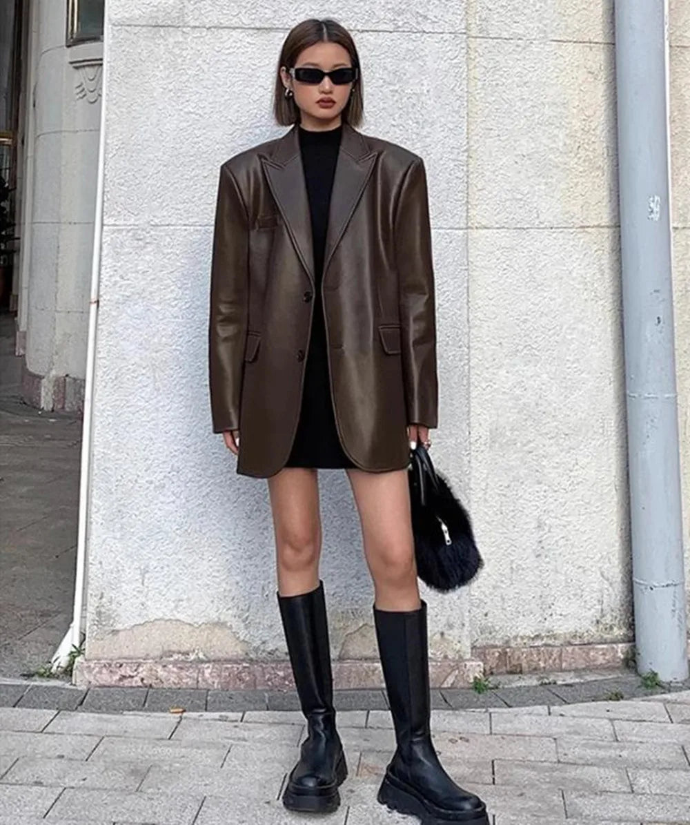 Veste blazer en cuir PU souple pour femmes