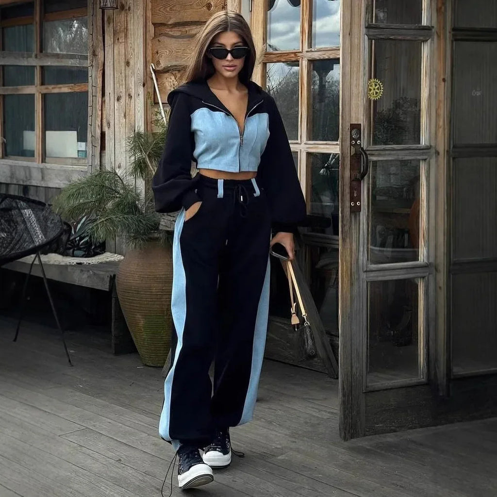 Ensemble deux pièces sweat-shirt à capuche patchwork en denim et pantalon long pour femmes