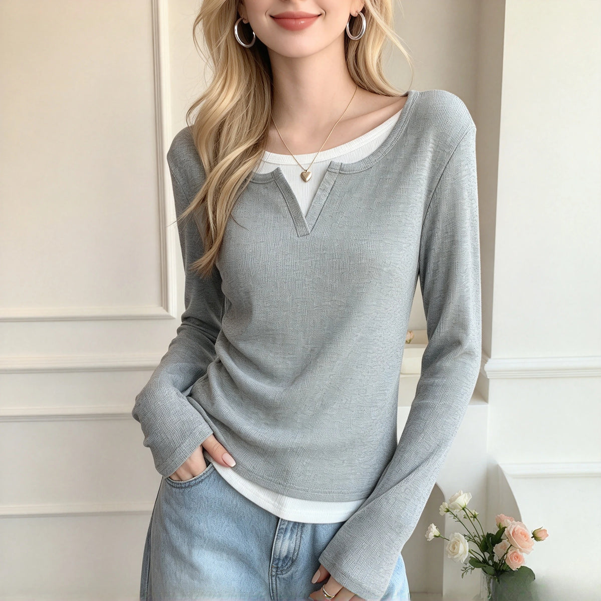 T-shirt Basique Femme – Col Rond et Manches Longues