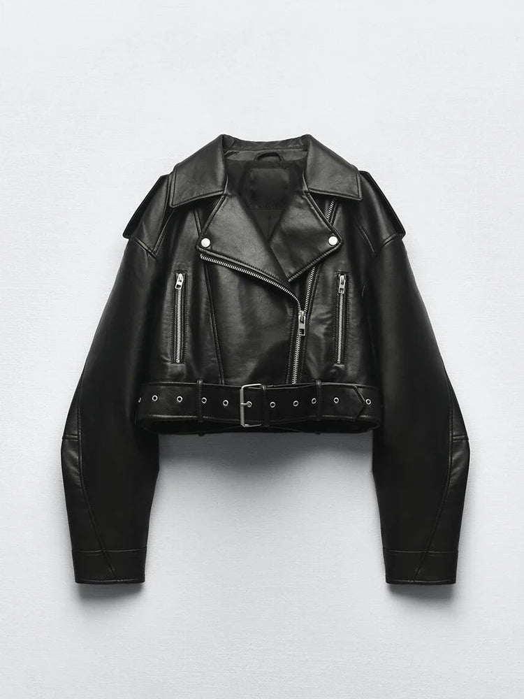 Veste faux cuir Pu courte avec ceinture pour femmes