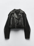 Veste faux cuir Pu courte avec ceinture pour femmes