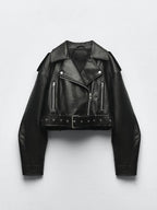 Veste faux cuir Pu courte avec ceinture pour femmes