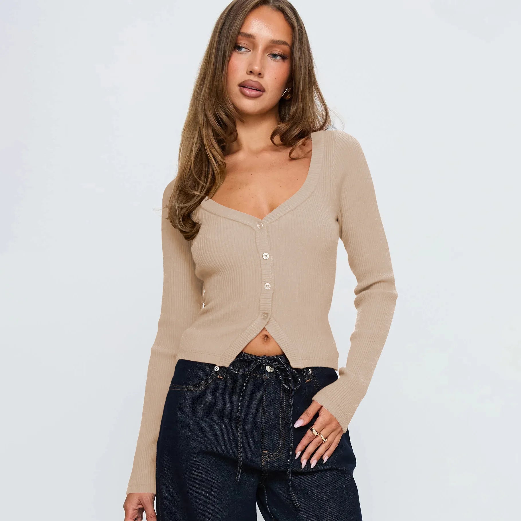 Cardigan à manches longues et col en v pour femmes