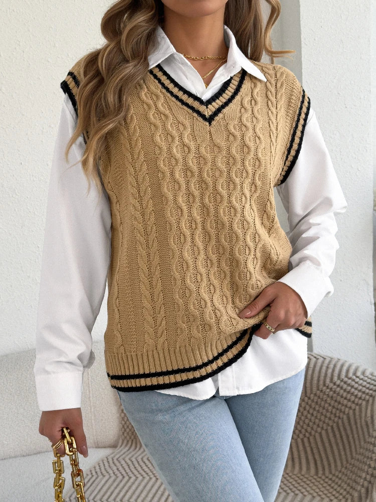 Pull Sans Manches Femme – Maille Torsadée et Col V