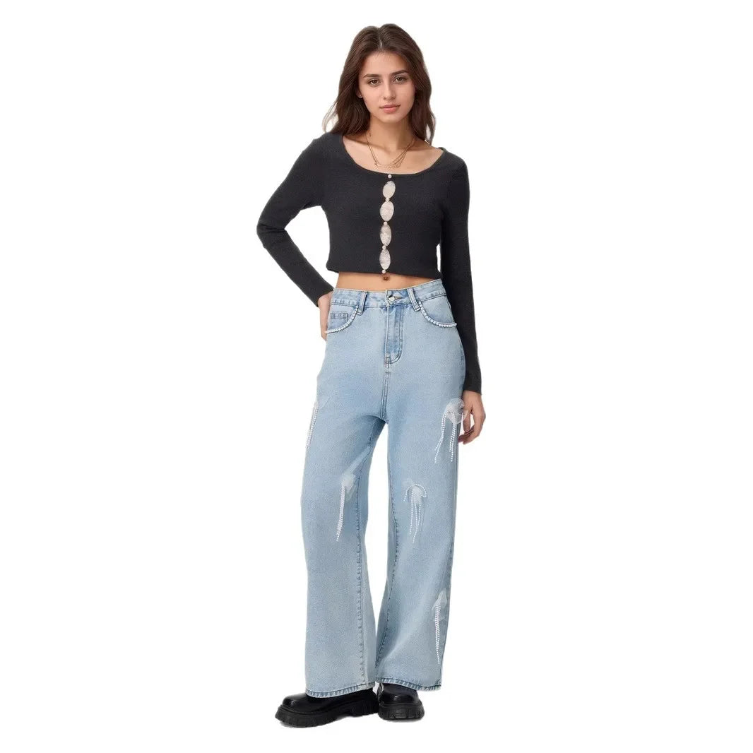 Jean taille haute brodé amincissant à jambe large pour femmes