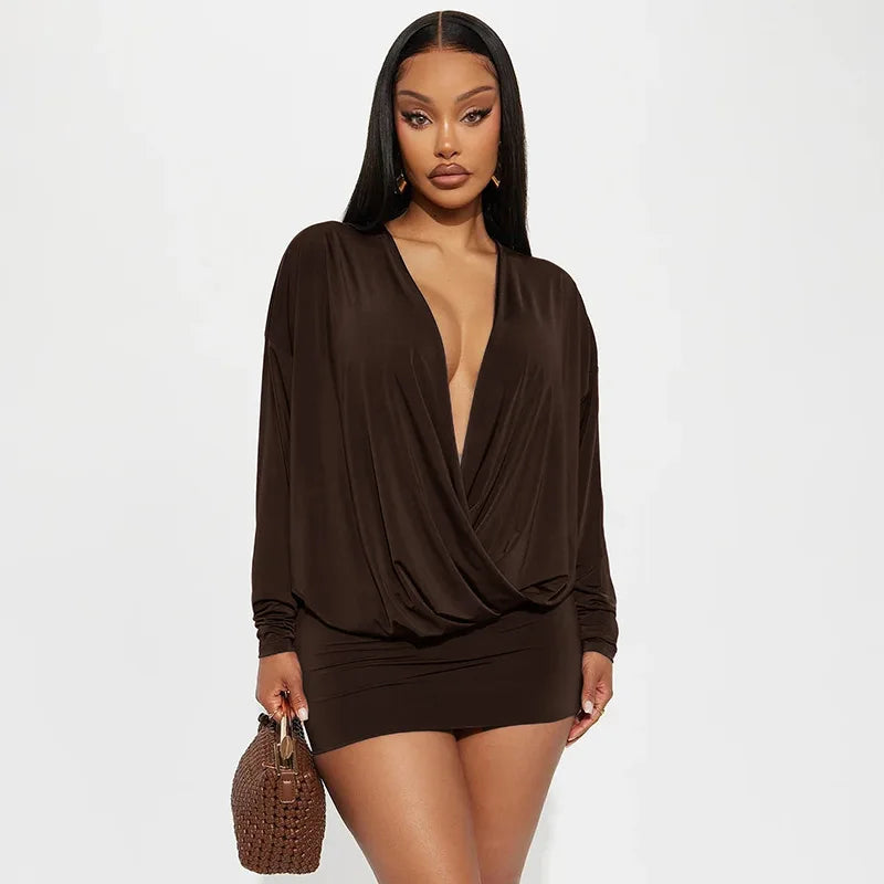 Robe moulante sexy à col en V profond et manches longues pour femmes