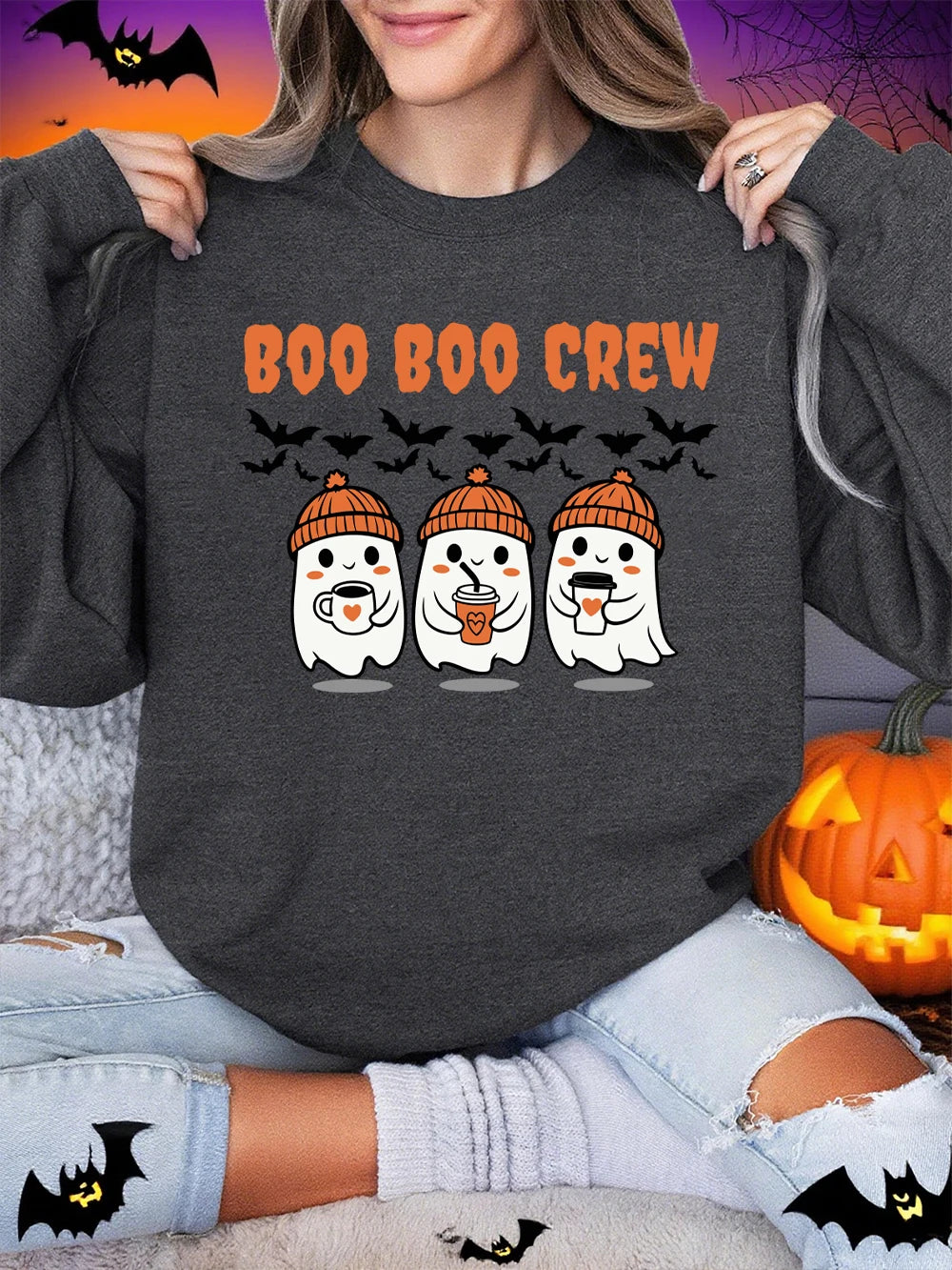 Sweat-shirt d'Halloween Boo Boo Crew à imprimé fantôme pour femmes