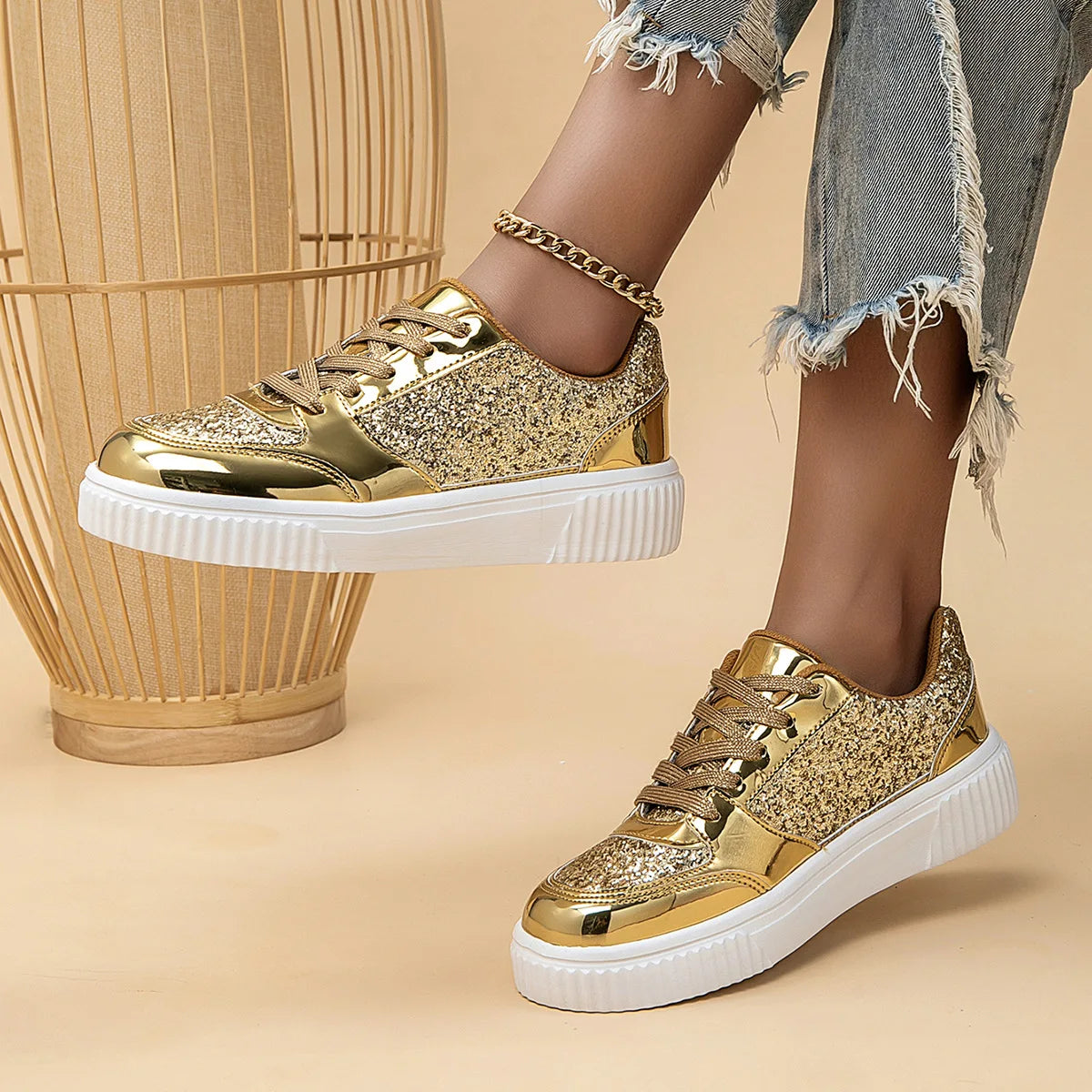 Chaussures décontractées sportives brillantes en cuir pour jeunes femmes