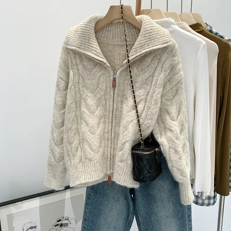 Pull à fermeture éclair et col rabattu pour femmes