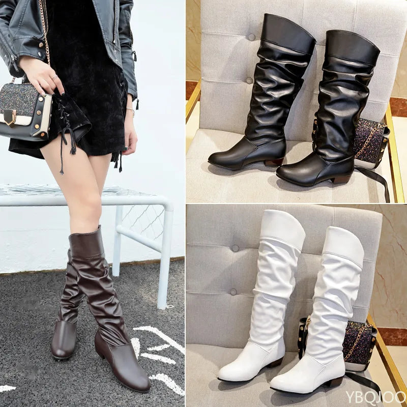 Bottes en cuir plissées à talon moyen pour femmes