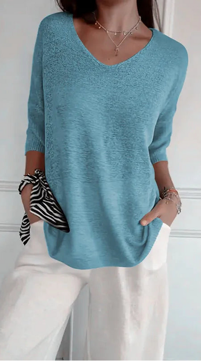 Chemise Décontractée Femme – Col V et Manches 3/4
