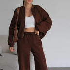 Ensemble cardigan court ample à fermeture éclair + pantalon de survêtement à cordon de serrage pour femmes