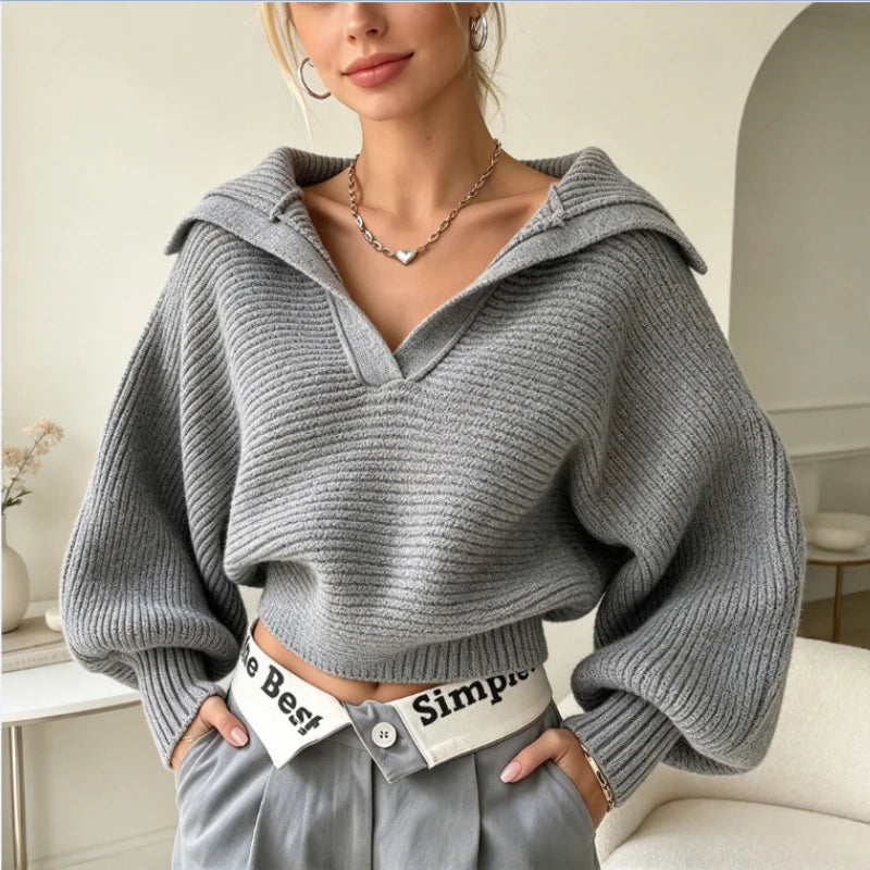 Pull en Maille Femme – Col V et Manches Lanternes