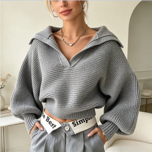 Pull en Maille Femme – Col V et Manches Lanternes