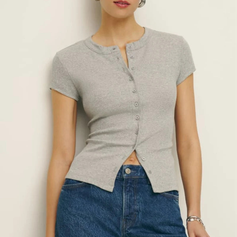 T-shirt boutonné à manches courtes pour femmes