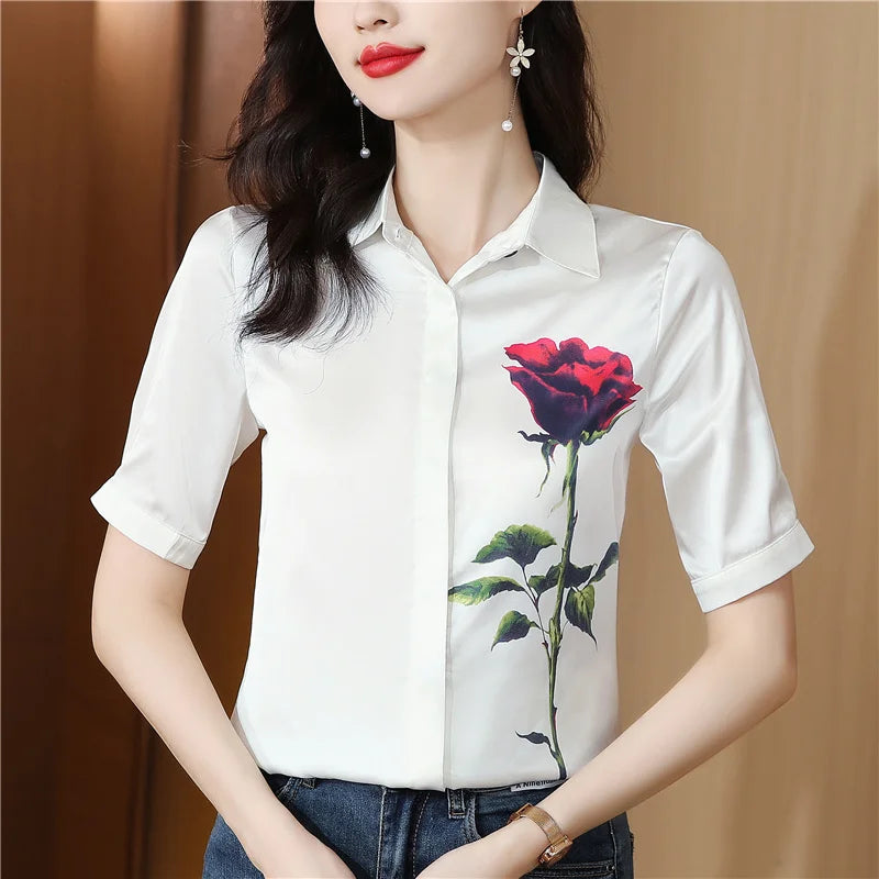 Chemise d'été à manches courtes et col rabattu pour femmes