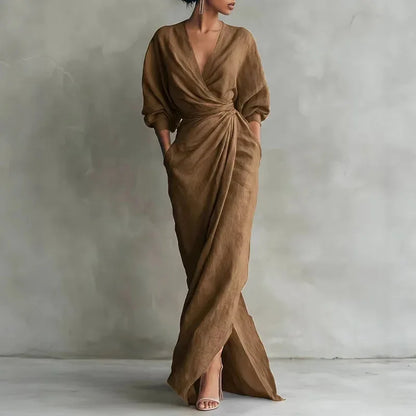 Robe femme longue froncée à col V