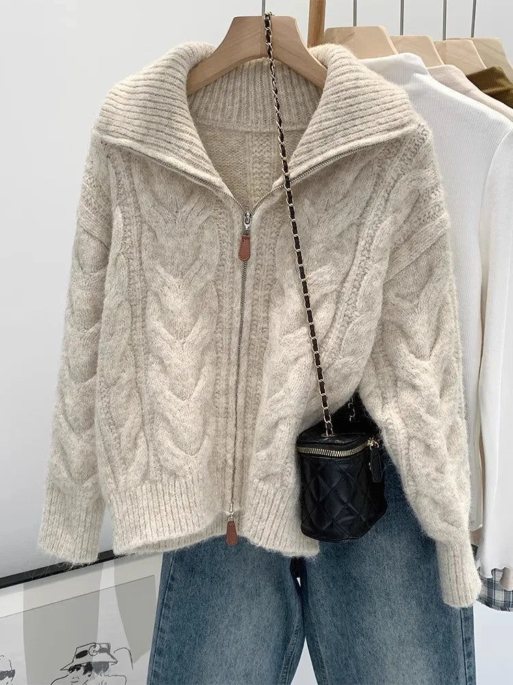 Pull à fermeture éclair et col rabattu pour femmes