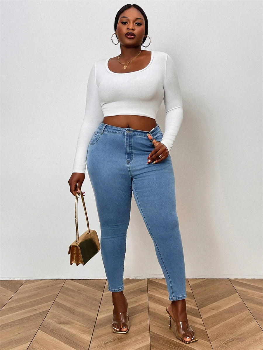 Jean skinny taille moyenne délavé rétro grande taille pour femme