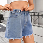 Short en jean décontracté délavé à ourlet frangé pour femmes