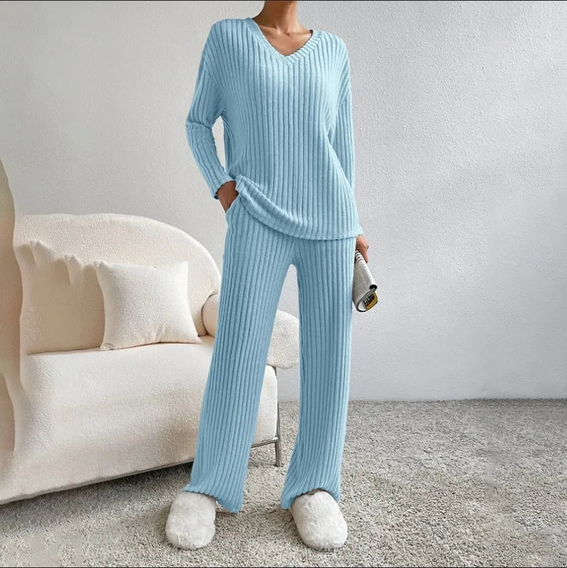 Ensembles 2 pièces pantalons décontractés à jambe droite + hauts élégants en maille à rayures  pour femmes