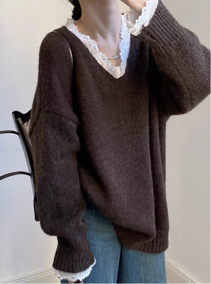 Pull en Maille Femme – Col V et Dentelle