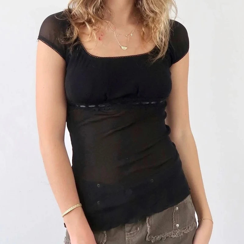 T-shirt-Crop en dentelle esthétique rétro pour femmes