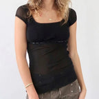 T-shirt-Crop en dentelle esthétique rétro pour femmes