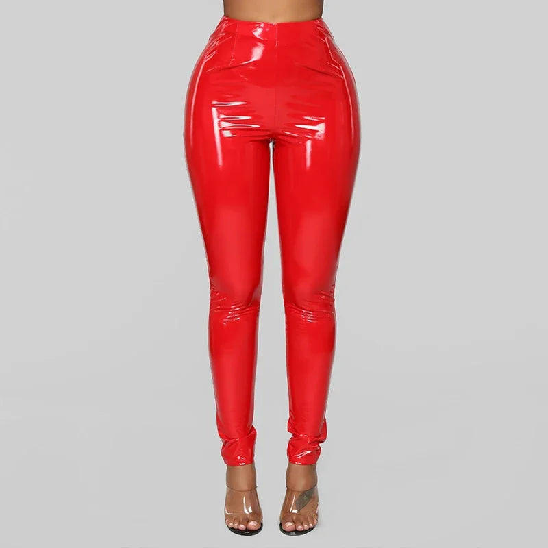 Pantalon Ajusté Taille Haute en Similicuir