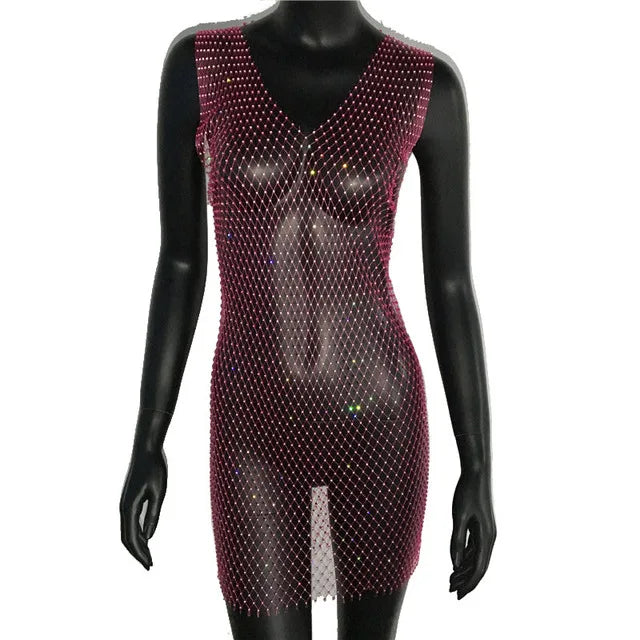 Robe de soirée en résille scintillante, strass, paillettes pour femmes