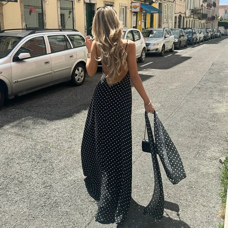 Robe longue slim noire à pois pour femmes