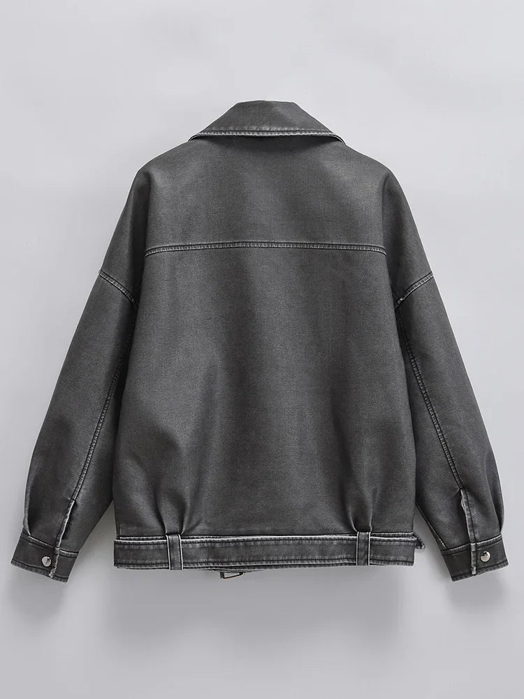 Veste ample vintage en similicuir PU pour femmes