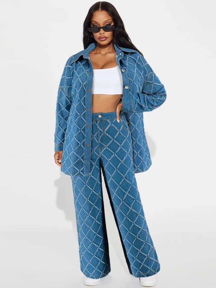 Ensemble 2 pièces chemise en jean à manches longues et pantalon large pour femmes