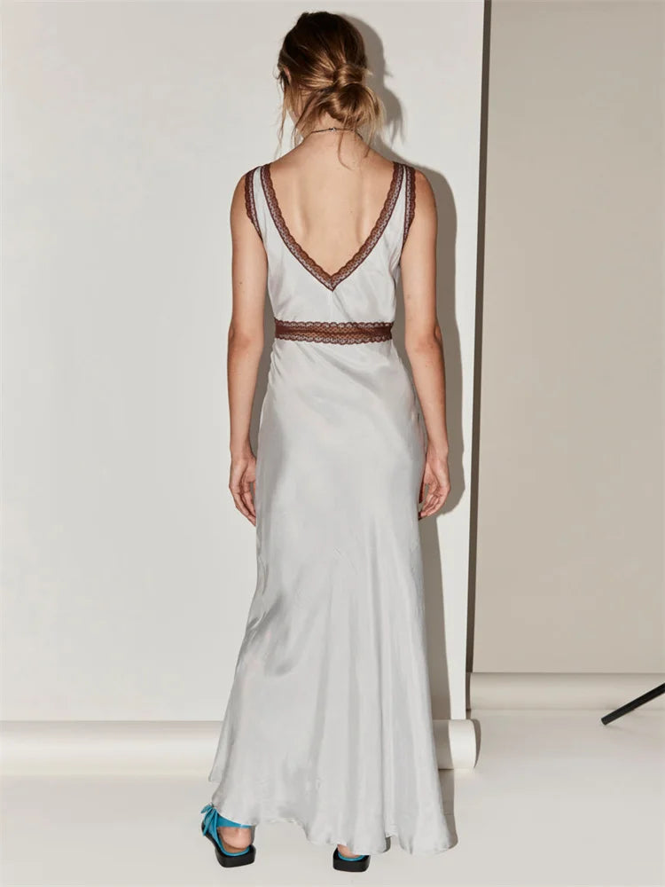 Robe longue en dentelle à col en V pour femmes
