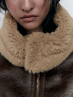 Manteau en faux cuir PU et fourrure de mouton pour femmes