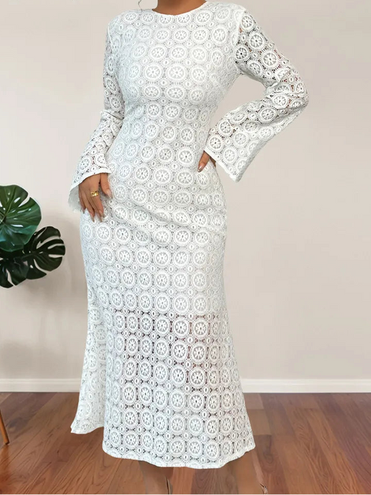 Robe Longue Blanche Femme – Coupe Sirène et Manches Longues