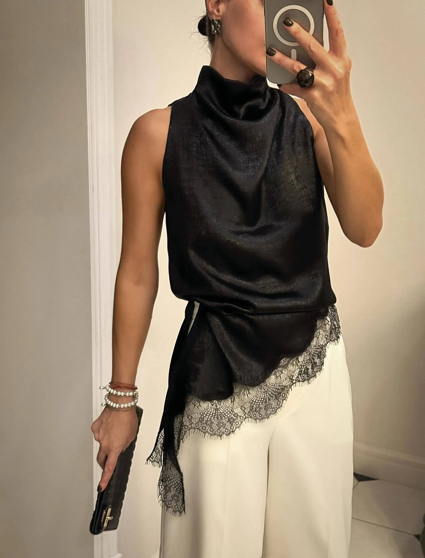 Gilet en soie asymétrique sexy avec empiècements en dentelle pour femmes