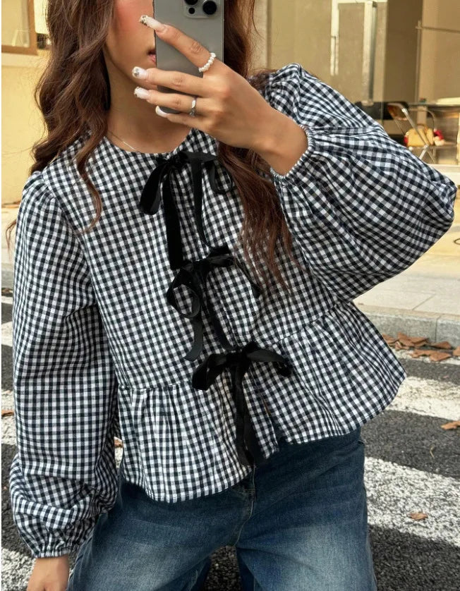 Chemise Courte à Carreaux Femme – Manches Bouffantes