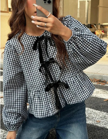 Chemise Courte à Carreaux Femme – Manches Bouffantes