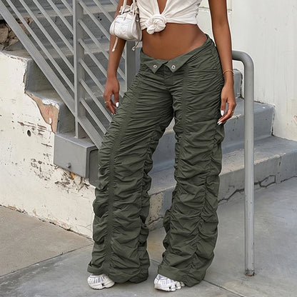 Pantalon cargo plissé taille basse à boucle pour femme