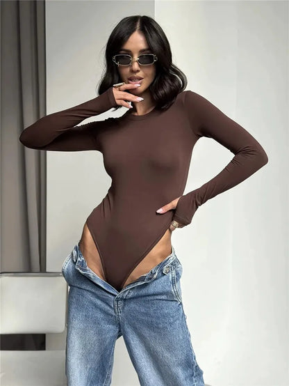 Body Femme Uni à Col Rond et Manches Longues