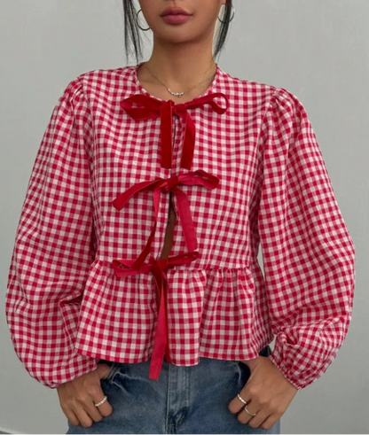 Chemise Courte à Carreaux Femme – Manches Bouffantes