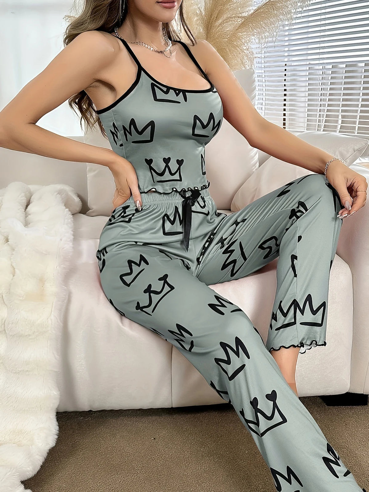 Pyjama 2 Pièces Femme – Caraco Col V et Pantalon Imprimé