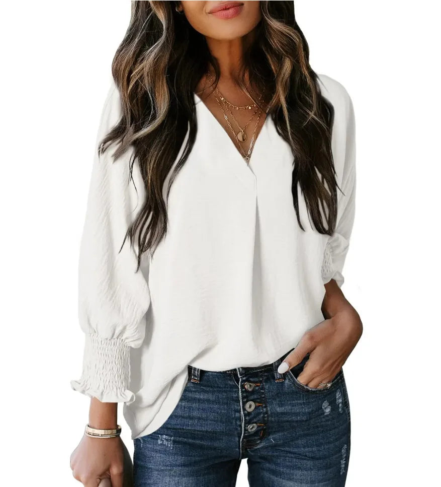 Chemise à col en V et manches longues lanterne pour femmes